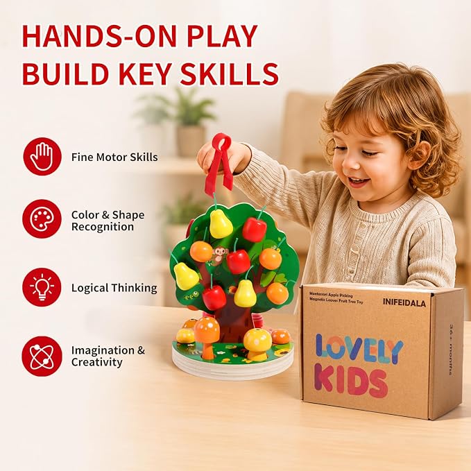 INIFEIDALA Montessori Toys for 3 4 5 6 Year Old - Fine Motor Skills Toy | Wooden Educational Toy for Toddlers,Magnetic Apple Picking Tree & Shape Sorter Puzzle,Hand-Eye Coordination-Color Recognition