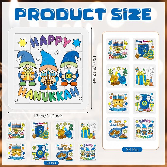 Cinrobiye 24 Sets Hanukkah Coloring Jigsaw Craft Kit for Kids, DIY Chanukah Activity Set with 8 Designs, Festival of Lights Party Favors, Winter Holiday Classroom Art Projects