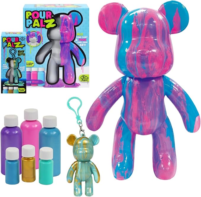 Paint Pour Bear Craft Kit, DIY Paint Pouring Art Set with Large Posable Bear (Berry Blast) & Mini Bear Keyring (Blue), Creative Arts & Crafts Activity for Kids & Adults, Gift Kit, 2 Pcs
