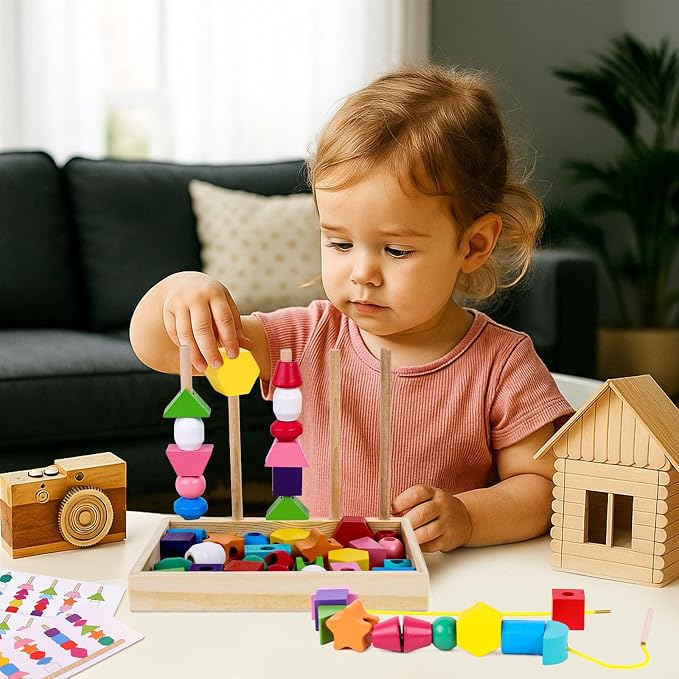 LovesTown Beads Sequencing Toy, Wooden Shape Stacking, 8 Cards, Frame | Montessori Sorting, Matching Game, Fine Motor Skills Development, Hand-Eye Coordination, for Toddler