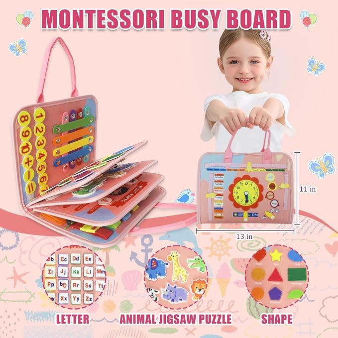 Busy Board for Toddlers, Montessori Sensory Toy with Fine Motor Activities, Travel Activity Book for Airplane and Car, Educational Learning Gift for Boys and Girls