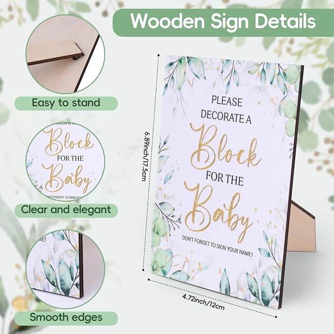 96 Pcs Decorate A Block Baby Shower, Fun Baby Shower Games Sign Kit, Baby Shower Blocks to Decorate, Baby Blocks Wooden Box with 52 Wooden Blocks 36 Paint Markers 1 Game Sign 6 Stencil Templates
