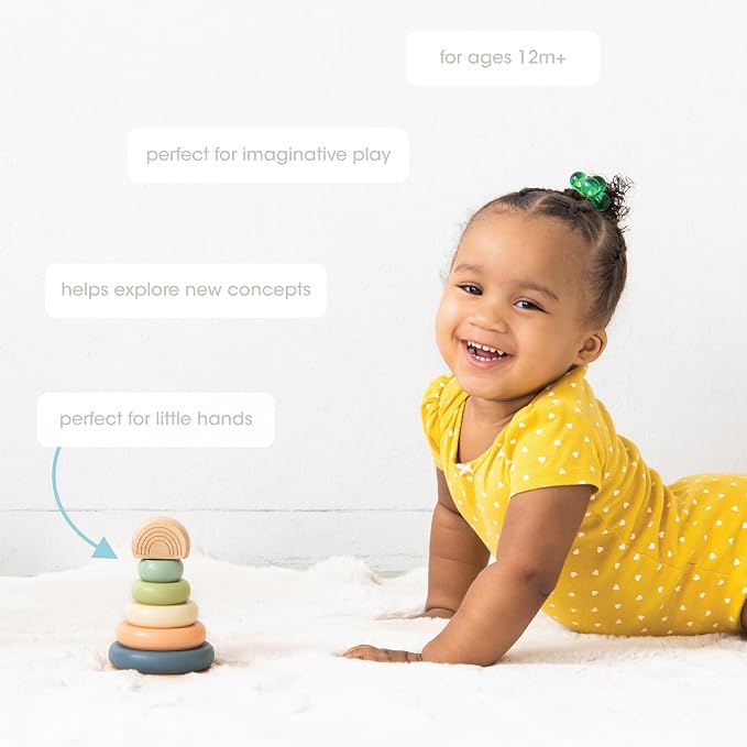 Pearhead Wooden Rainbow Stacking Ring Toy, Montessori Baby Stacker | Neutral Color Sorting Rings, Fine Motor Play, Hand-Eye Coordination, Nursery Decor, Baby or Toddler Gift, Ages 12M+