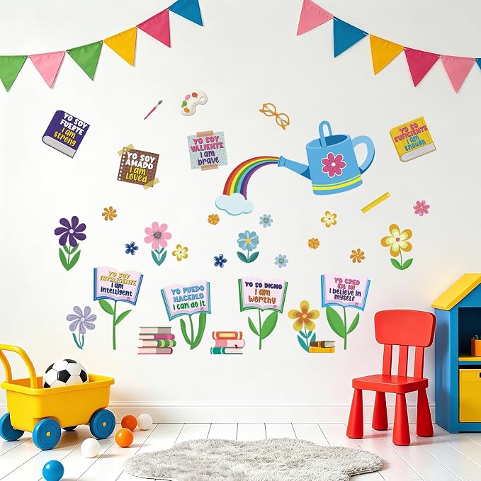 LHIUEM Positive Self-Affirmations Wall Sticker Boho Flower Book Wall Decal | Inspirational Quote Window Clings Colorful Mental Health Therapy Decoration Bulletin Board Vinyl Sticker for Classroom