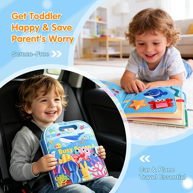 Travel Toys for Toddlers,Ocean Busy Book for Toddlers 1-3, Felt Activity Book, Busy Board for 1 Year Old Girls Montessori Toys, Quiet Book FineMotor Skills Learning Toys,Gifts for Children