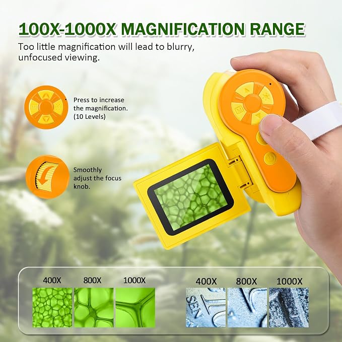 1000X Microscope for Kids 8-12, 4K HD Screen with 6 LED Lights, Portable Microscope for Outdoor STEM Learning, Rechargeable Science Kit, Birthday Easter Gifts for Kids