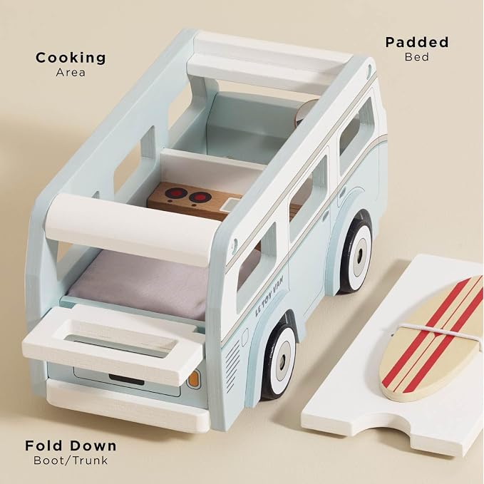 Le Toy Van Wooden Holiday Campervan with Surfboard | Wooden Toy Vehicle, FSC Certified Wood, 100% Plastic Free