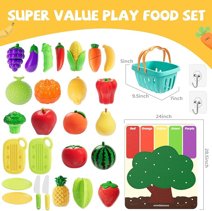 ALASOU Play Food Set with Hanging Felt Tree Mat & Storage Basket | Cutting Fruits Pretend Play Toys for Kids Kitchen, Montessori Color Sorting Playset,Gifts for Toddlers 3 4 5 6 Boys Girls