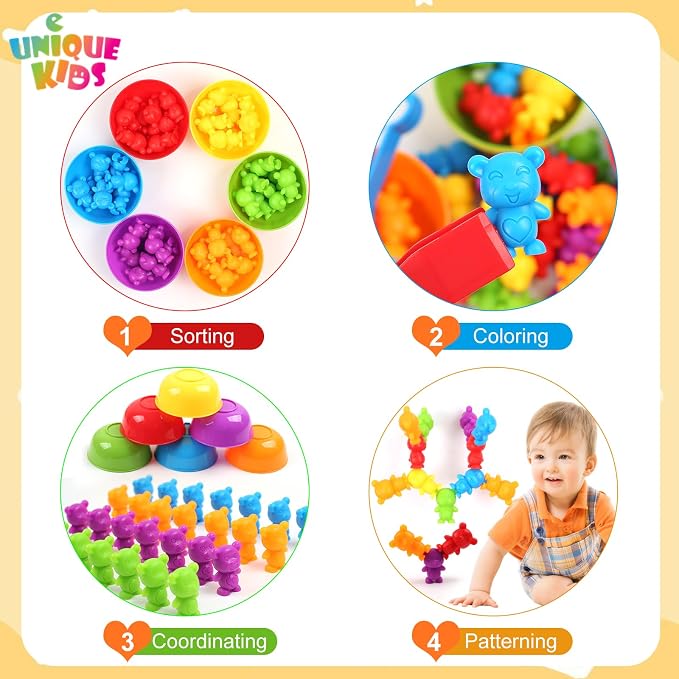 UNIQUE KIDS Counting Matching Game with Sorting Cups, Color Classification and Sensory Training Educational Learning Toys Set Gift for Toddlers Preschool Ages 3 Years and up