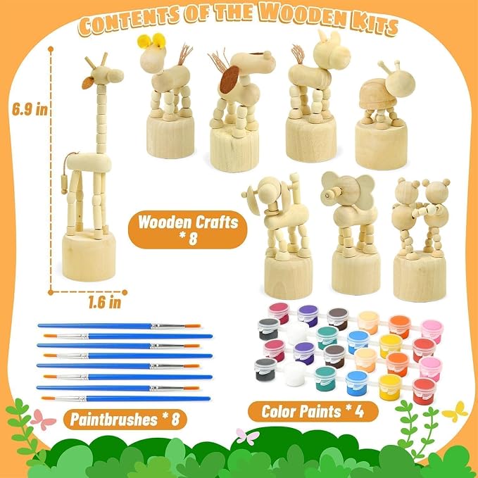 Arts and Crafts for Kids Ages 4-8 with Paints, Brushes, 8 Animals Figures | 8 Unfinished Wood Animal Figurines, DIY Kids Craft Kits for Painting Party Favors, Boys and Girls Gifts