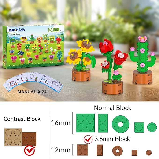 24 Pack Flowers Succulents Party Favors for Kids 6+ Mini Building Toys Sets | 1012PCS Botanical Bonsai 3.6mm Blocks for Classroom Prizes Goodie Bags Filler Stocking Stuffers, Birthday Gift for Girls Boys