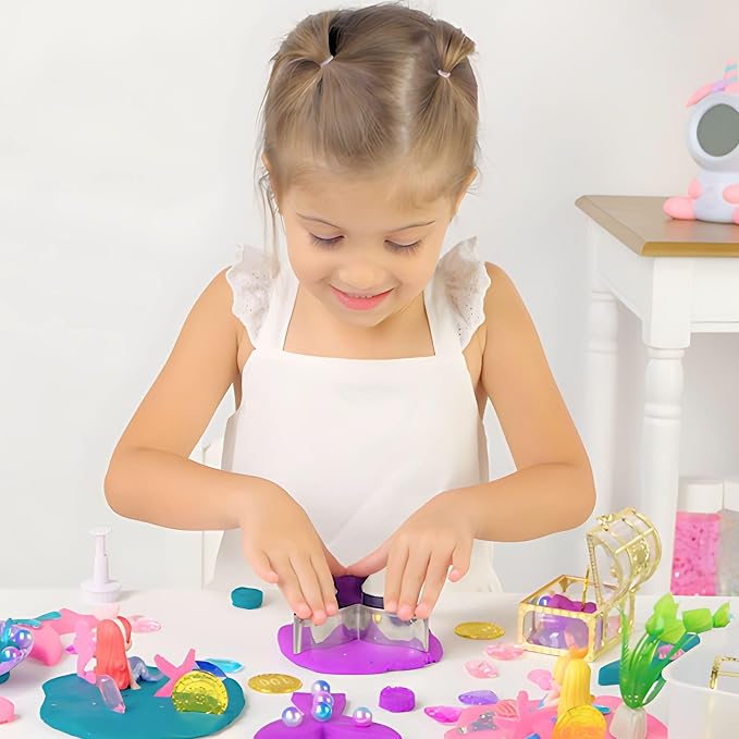 Mermaid Sensory Dough Kit (3 Jars) Non-Toxic Dough with Cutters, Stampers, Coins, Pearls, Seahorses, Starfish, Treasure Box - Perfect Creative Play and Gift for Kids & Toddlers