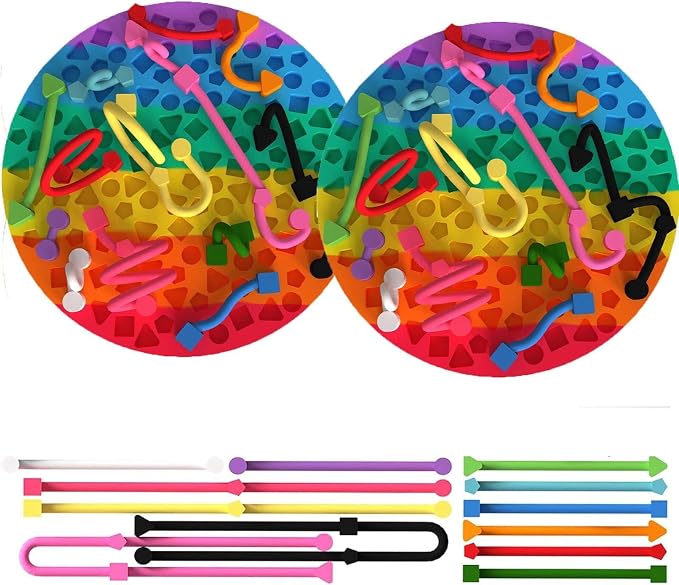 2 Pack Sensory Activity Board, Stress Relief Silicone Quiet Toddler Sensory Toy, Silicone Sensory Activity Board, ADHD & Autism Sensory Toys for Kids & Adults |with a Travel Bag & 24 Strin(C)