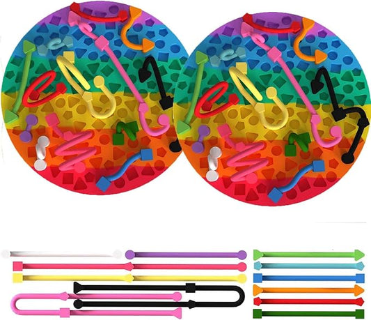 2 Pack Sensory Activity Board, Stress Relief Silicone Quiet Toddler Sensory Toy, Silicone Sensory Activity Board, ADHD & Autism Sensory Toys for Kids & Adults |with a Travel Bag & 24 Strin(C)