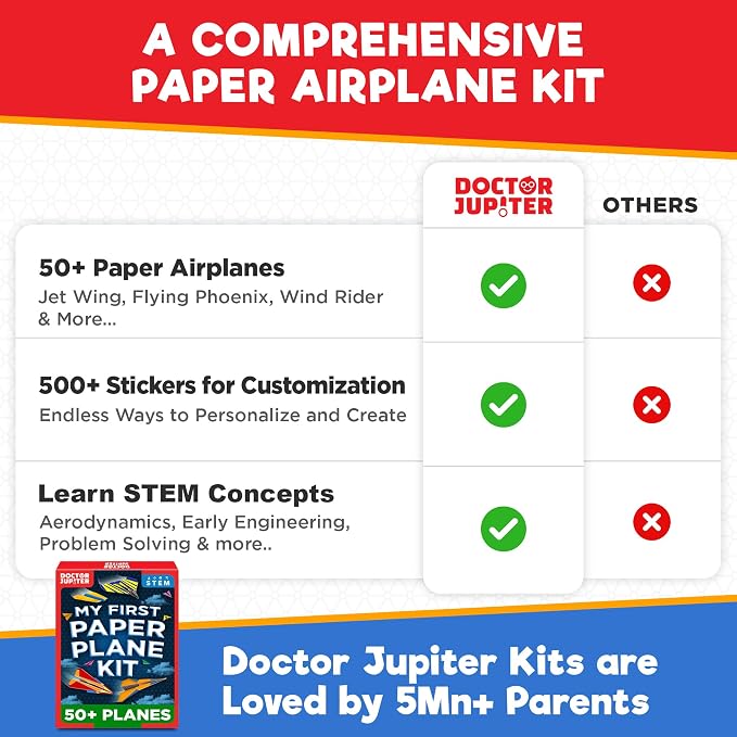 Doctor Jupiter Paper Airplane Book Kit for Kids Ages 4+, Craft Toy | Birthday Gift Ideas for Boys & Girls Ages 4,5,6,7,8,9,10, Origami Kit, STEM Learning Toy, 50+ Planes, 500+ Stickers