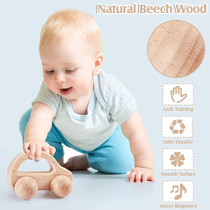Zhanmai 5 Pcs Wooden Baby Toys Montessori Toys for 0-6-12 Months Sensory Baby Rattles with Bells Push Car Wooden Newborn Boys and Girls Gifts for Toddlers 1-3 Years Infant Grasping Sensory Development