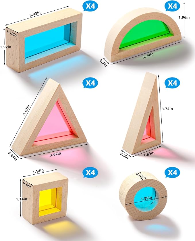 Wooden Blocks, Acrylic Windows, 24pc, 4 Colors, 6 Shapes | Educational Montessori play for ages 18M+; stack acrylic windows to mix colors and create new hues; build houses & towers.
