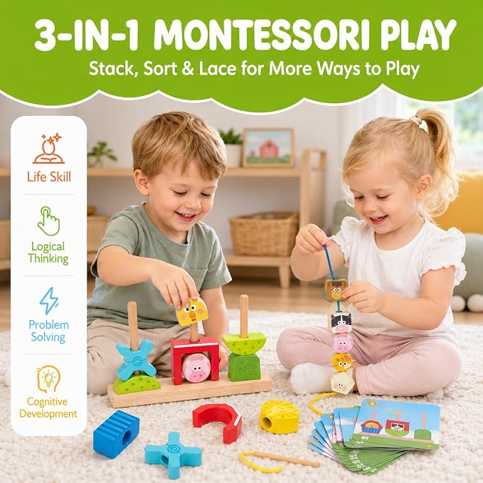 hahaland Montessori Toy for 1+ Year Old, Wooden Farm Stacking Sorting Toy | Toddler Puzzle Activity with Lacing Beads, Shape Cards & Brain Blocks, Learning Gift for Boys Girls 12+ Month