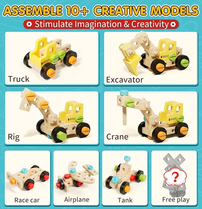 Lehoo Castle Kids Tool Set, Wooden Montessori Toys for 3 4 5 Years Old Boy | Portable Tool Box for Pretend Play, Construction Learning Play Tools 49PCS, STEM Toys for Preschooler