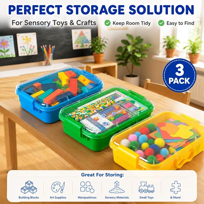 Sensory Bin with Lid for Toddlers 3 Pack 12.8 in, Stackable toy bins | Carolart Durable Plastic Sandbox for crafts, easy stack activity containers for sand, crafts, puzzles and toys