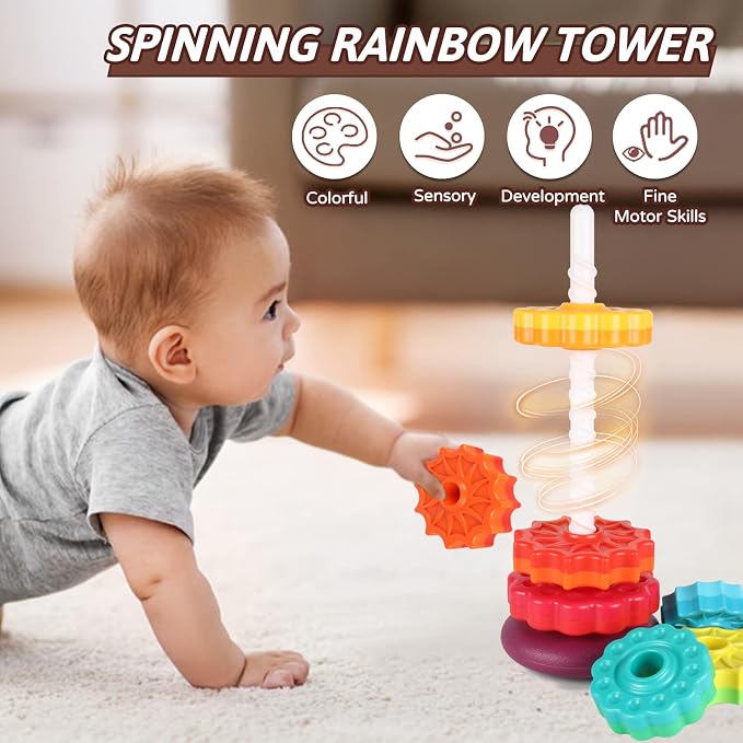 JUXUE Spinning Toy, Rainbow Stacking Toys for Children 1-3, Ring Stacker Toys 12 Months, 1 One Year Old Girl Boy Christmas Birthday Gifts, Montessori Autism Sensory Toy