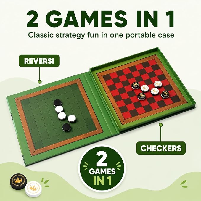 TRAVOFUN Magnetic Reversi and Checkers | Travel Games for Kids 8-12 | 2-in-1 travel reversi game and checkers board keeps magnetic pieces secure for car rides, flights, and strategy play.