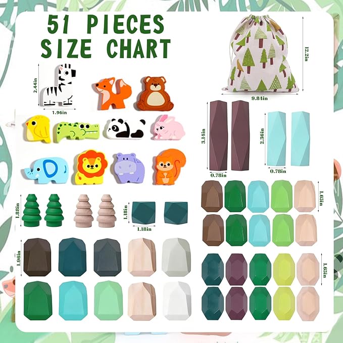 HAPGFS 51 PCS Wooden Stacking Rocks Toys Set for Kids Educational Stacking Blocks Building Blocks for Toddlers 1-3 Forest Theme Montessori Toys Creative Stacking Game for Children