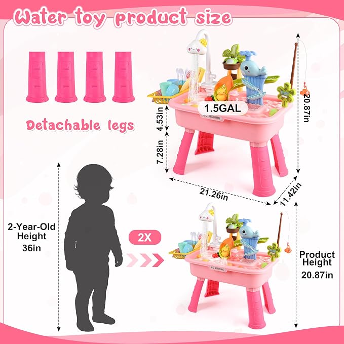 2027 Upgraded 4-in-1 Water Table for Toddlers 1-3, Kids Sensory Table with Electric Water Pump & Faucet, Kitchen Play Sink Toys with Food Accessories, Fishing Toy