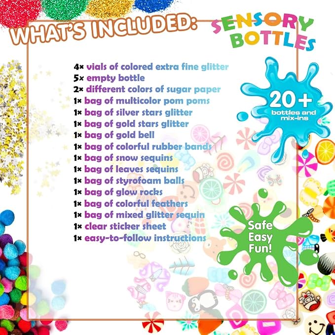 Sensory Bottles Kits for Calm Down Corner Supplies Magic Mixies Sensory Toys with Glitter, 5 Fun Shaped Containers
