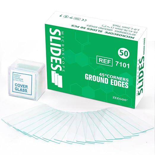 ZEEGOO Microscope Slides and Covers, 50 Blank Glass Slides + 100 Coverslips | Pre-Cleaned, Safe Ground Edges, 45°Corners, High Clarity, Easy to Use, Fits Most Microscopes, For Students, Beginners, Class