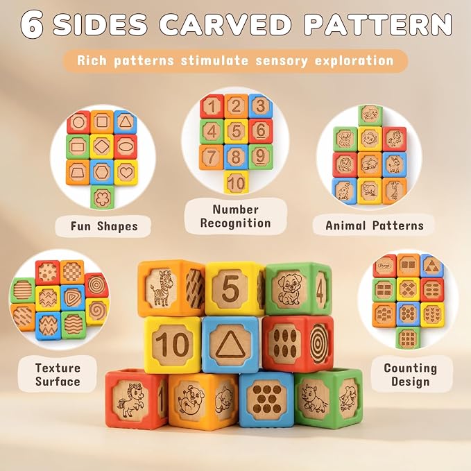 Joyreal Silicone Wooden Baby Blocks, 10PCS Montessori Stacking Blocks for Babies 6-18 Months, 1.7" Beech Wood Sensory Learning Toy with Animals, Numbers, Textures, Soft Chewable, Laser Engraved