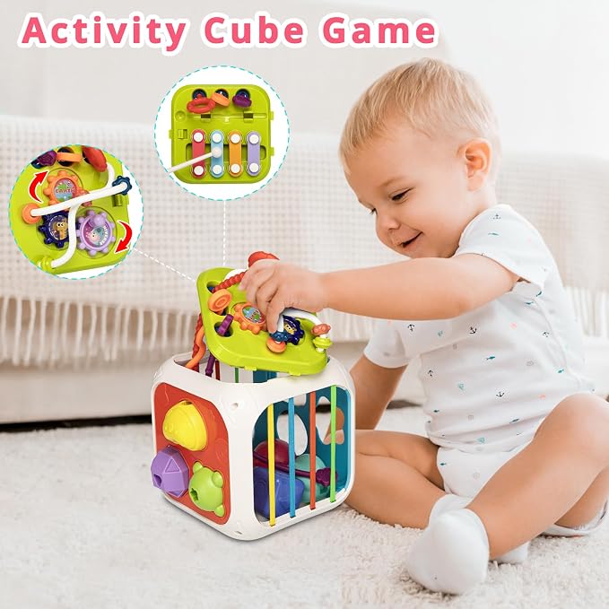 Montessori Activity Cube Learning Toy for Toddlers | 7-in-1 Shape Sorter for Baby Developmental, Birthday Gifts for 1-3 Years