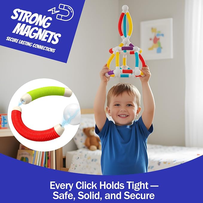Flexible Magnetic Tubes for Kids, 66 PCS STEM Learning Builder Set | Flexible Magnetic Building Sticks, Build Snap & Shape Creative Structures, Sensory Learning Gift for Kids