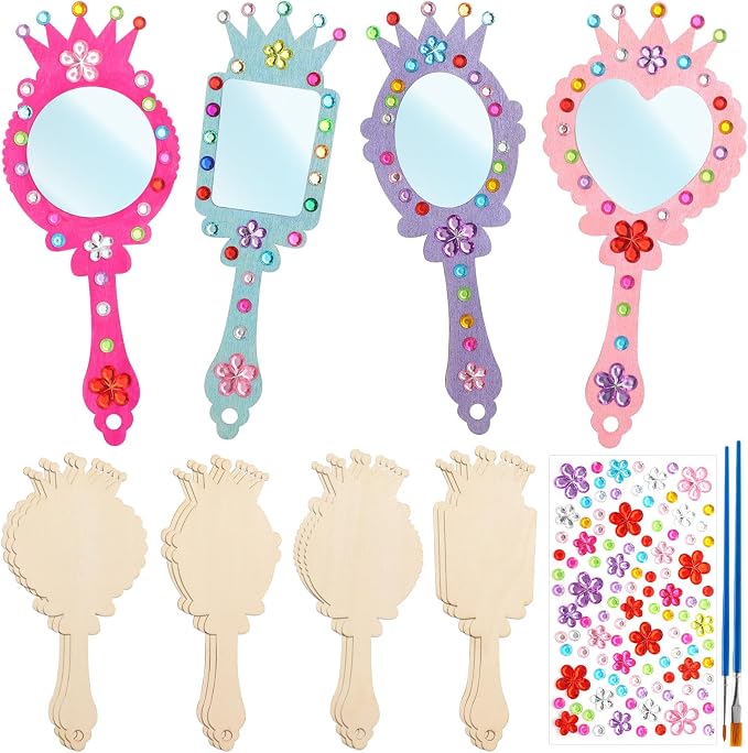 24Pcs Wooden Princess Mirror Craft Party Favors for Kids DIY Decorate | Hand Mirror, For Girls Art Activities