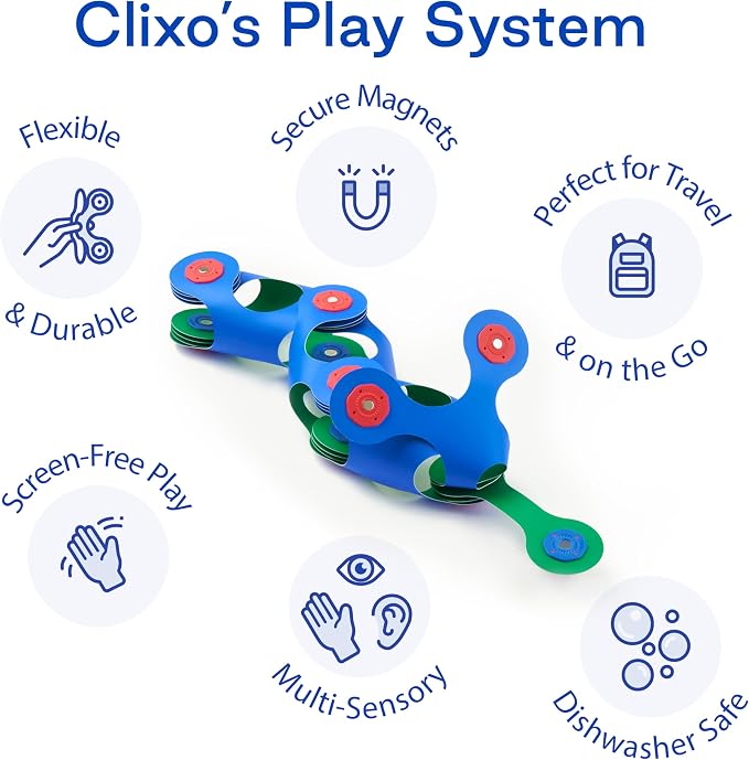 Clixo Itsy Pack, Flexible STEM Magnetic Travel Toys (18 Pc, 4+, Green/Blue) | Compact open ended toys for screen-free play. Airplane activities and kids road trip games. Easy to clean magnetic STEM sets.