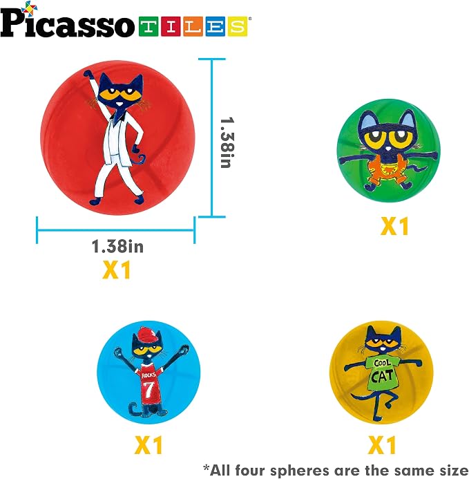 PicassoTiles Magnet Marble Run Tiles Pete The Cat Themed Character Marbles for Magnetic Building Block Construction Tile Maze Structures STEM Learning Pretend Play Fun Toys Girls Boys Ages 3+ PTG02