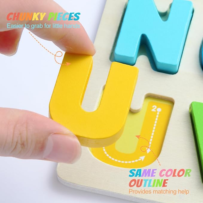 Wooden Alphabet Puzzles, ABC Learning Toys for Toddlers | Thick Easy-Grip Solid Wood Letters, Preschool Early Learning Activities, Montessori Birthday Gift for Girls & Boys
