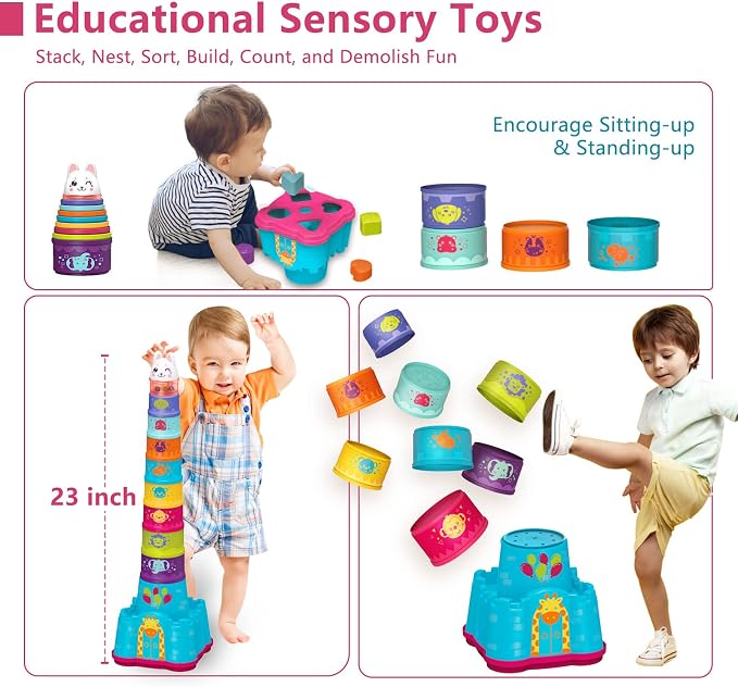 LTKFFFdp Baby Stacking Toys for Toddlers 1-3, Nesting Cups Shape Sorter for Infant 6 to 12-18 Month, Stackable Learning Toy with Blocks, Rattle & Frog Bath Toy, for Girl Boy Birthday | with Rattle & Frog, Outside/Bath/Beach/Playpen Toys for 1 Year Old ...
