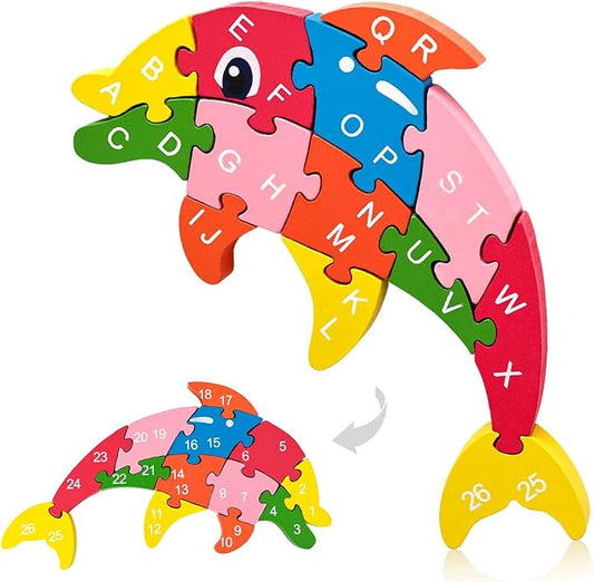 LovesTown Puzzle for Kids, Wooden, 3D Dolphin Shape | for Ages 3-5, Double-Sided, Alphabet Recognition, Number Counting, Fine Motor Skills, Montessori Learning Gifts
