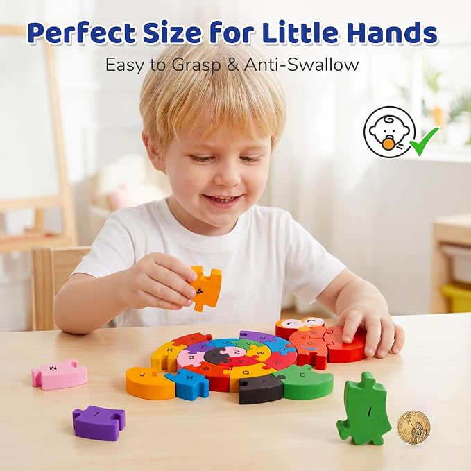 LovesTown Wooden Snail Jigsaw Puzzle, Double Sided | Alphabet & Numbers, Montessori Educational, Chunky Animal Design, For Toddlers
