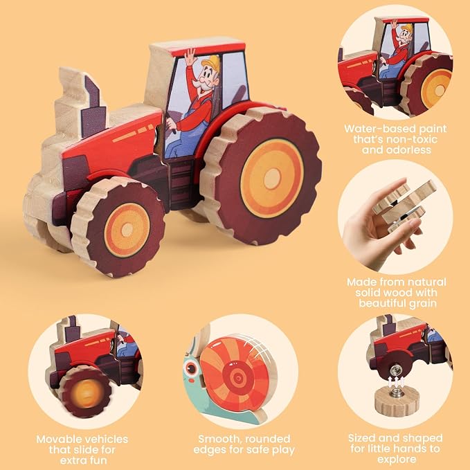 HUZU Farm Snap Wooden Blocks – Montessori Building Toy for Toddler Kids, Moving Wheels Tractor, Lockable Door Barn, Mix & Match Farm Animals Duck Bee Owl Chick Snail, Stocking Stuffers for Grandkids