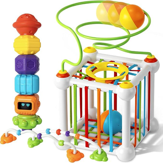 Montessori Sensory Cube Toy for Toddlers | Educational Activity Center with Elastic Sides, perfect Learning Birthday Gift for 18+ Months Baby