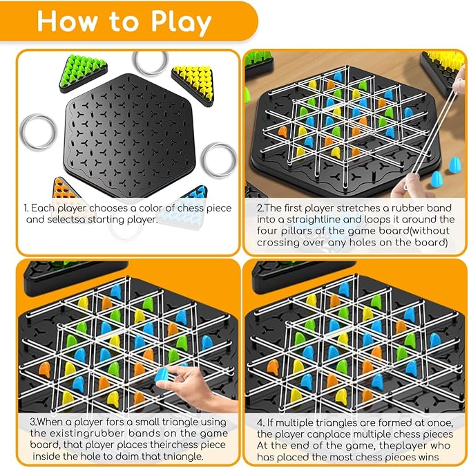 Chain Triangle Chess Game, Chain Link Game for Family Night | Strategy Triangle Game with Rubber Bands for Kids and Adults, 2 to 4 Players