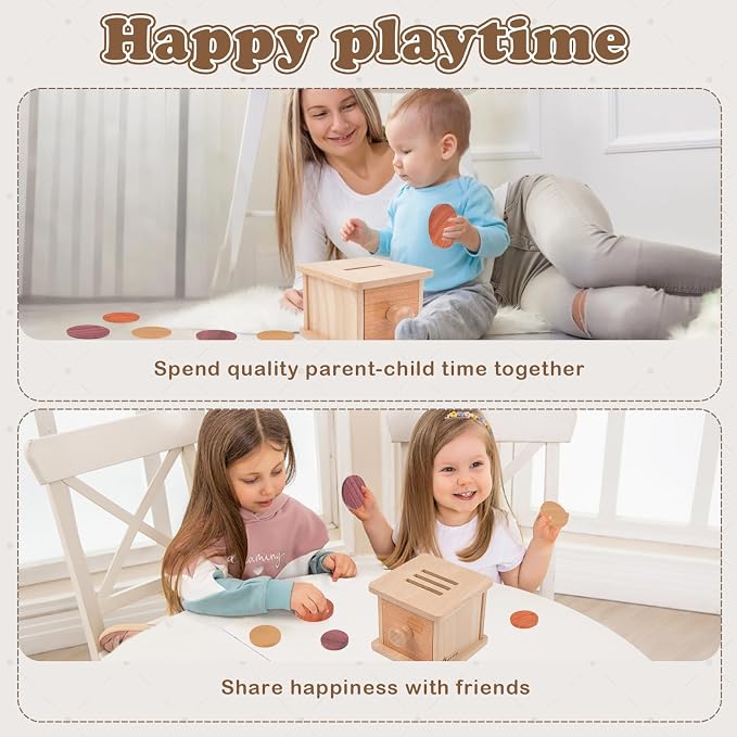 Adena Montessori Wooden Double-Sided Coin Box Object Permanence 6-12 Months | Solid wood, smooth edges. Two play modes, 6 coins. Builds grip, focus, fine motor. For 6-12 month infants. Gift.