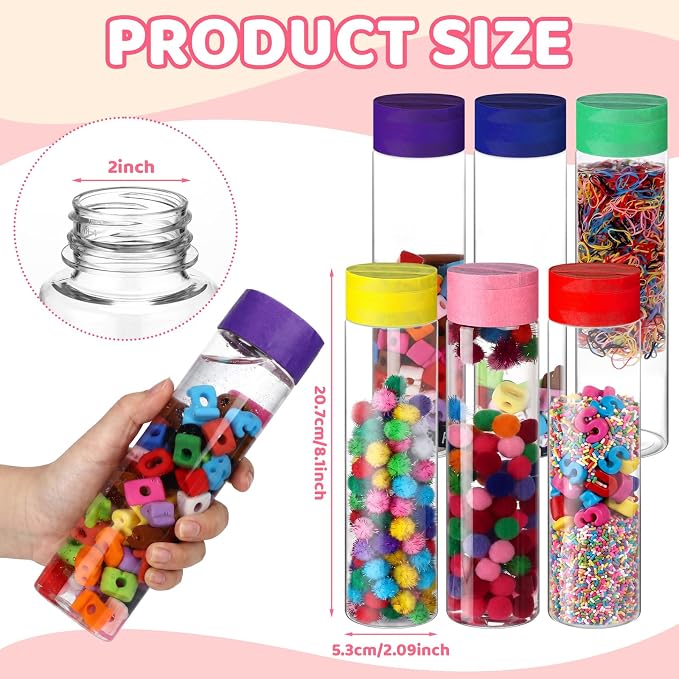 FoldTier 12 Set Letter Number Sensory Bottles, Plastic Clear Calming Kit | 13.5 oz Bottle, Pom-pom Balls, Alphabet and Number Decor, Clay, Rainbow Tape, Calm Down Jar Filler for Back to School