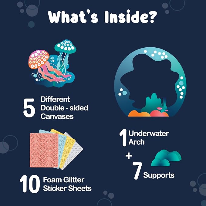 BINCA Foam Sticker Mosaic Art Activity, 750+ 3D Glitter Foam Stickers, 5 Underwater Animals with Display Arch, DIY Mess-Free Activity, Gifts for Boys & Girls Ages 5,6,7,8