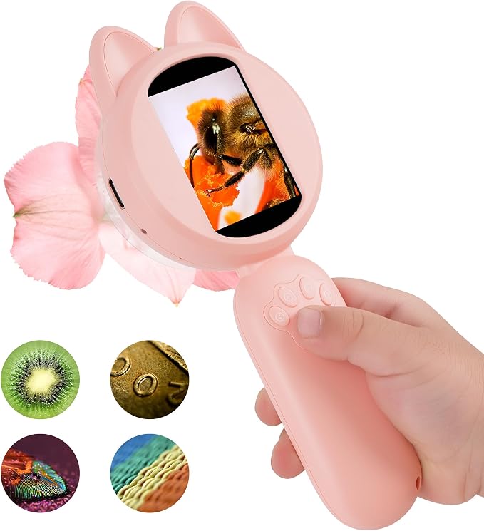 Mia Kids Microscope, Mini Digital Microscope for Kids with 2'' IPS Screen, Handheld Mini Scope Educational Science Toy Kit, Christmas/Birthday Gifts for Kids Aged 3-6,7-12 (Pink)