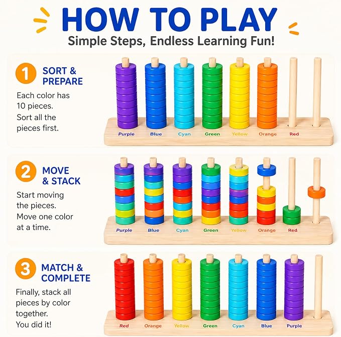 Montessori Wooden Color Sorting Stacking Toys, Montessori Toys Rainbow Rings Game with 70 Pieces, Fine Motor Skills Learning Toy, Educational Preschool Gift for Boys Girls Age 3 4 5+
