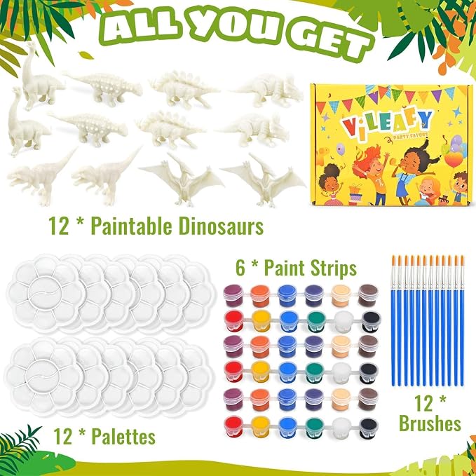 Vileafy Dinosaur Painting Craft Kits, 12 Paintable Dino Figures for Kids | 12 Dinosaur Toys with 36 Colors. Fun DIY Crafts for Birthdays, Classrooms and Party Favors