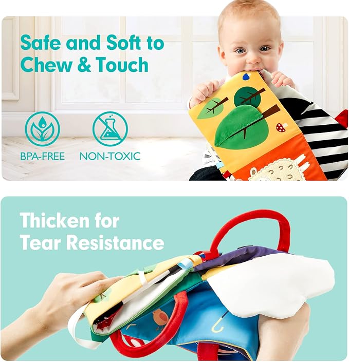 hahaland Baby Books Double-Sided High Contrast Newborn Toys | Baby Tummy Time Books 0-6 Months with Crinkle, Squeaky Sounds, Touch Feel, Visual Stimulation